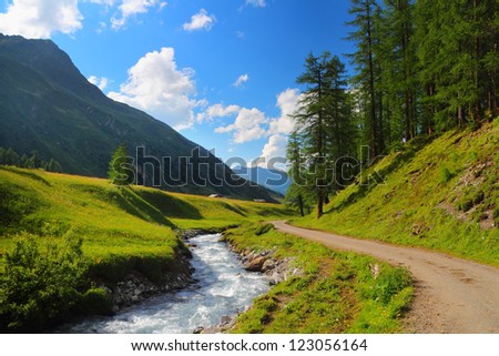 Summer mountain landscape and green meadow with stream in the foreground, Sertig Dorfli, Davos, Switzerland