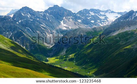 Mountain landscape around Sertig Dorfli taken from Jakobshorn, Davos, Switzerland