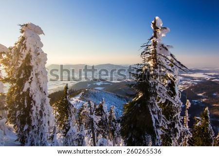Winter scenic mountain landscape, aerial shot of valley framed with trees, picture taken from Lysa hora in Beskydy mountains