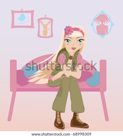 stock vector : teen girl sitting alone in her room, thinking
