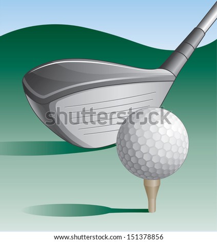 Golf Club and Ball is an illustration of a golf club and golf ball on a tee with a green background and blue sky.