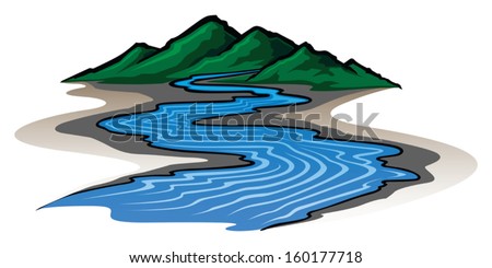 Mountains and River is an illustration of a graphic style mountain range and running river.