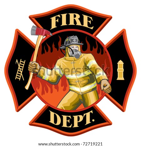 Firefighter Inside Maltese Cross Symbol is an illustration of a firefighter with axe inside a Maltese cross symbol.