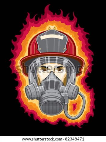 Firefighter with Mask is an illustration of the head of a firefighter with a mask on with flames.