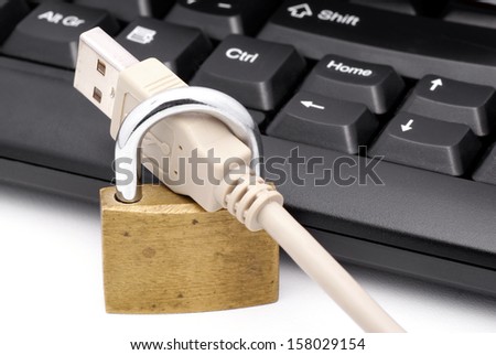 Computer cable and lock the keyboard in the background.(USB cable)