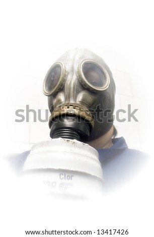 Person in gas mask on white background