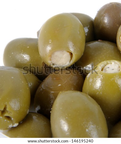 stuffed green olives closeup shot