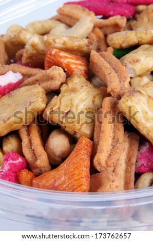colorful tasty party mix snack closeup
