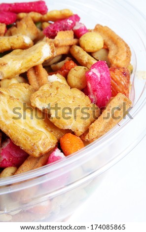 colorful tasty party mix snack closeup