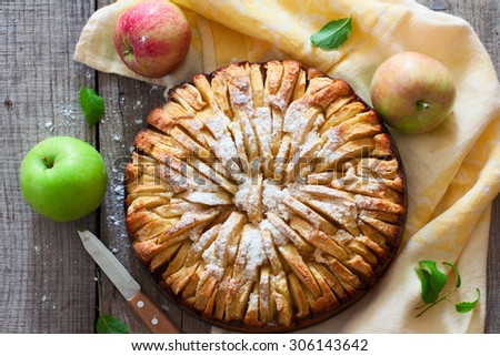 Fresh baked apple pie on the natural wood background