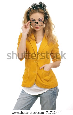stock photo Cute blond teen model with glassesIsolated on white