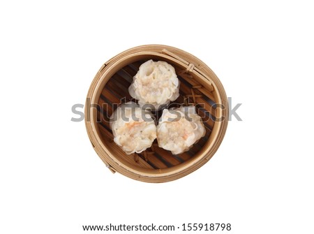 steamed Chinese bun in bamboo basket isolated on white background