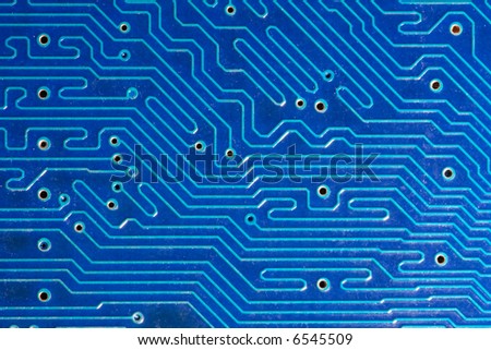 Blue Computer Motherboard With Traces. Extremely Close-Up Stock Photo