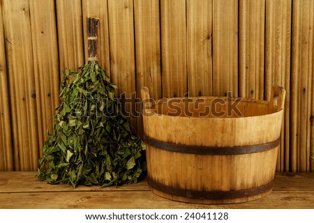 Traditional equipment for Russian bath from wood - stock photo