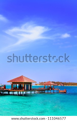 Landscape photo of Island in ocean, over water villa with endless swimming pools. Maldives.