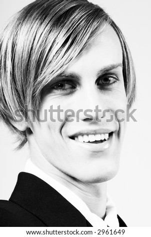 blonde male hairstyles. smiling londe male (BW),