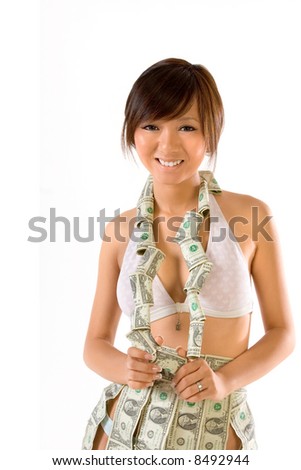 stock photo Asian teenager wearing necklace and skirt made of money