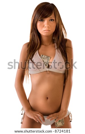 stock photo Young Asian female in lingerie with money tucked in