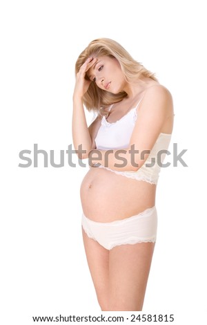 Pregnancy of Caucasian blond woman, who has headache, depressed or having other issues and problems