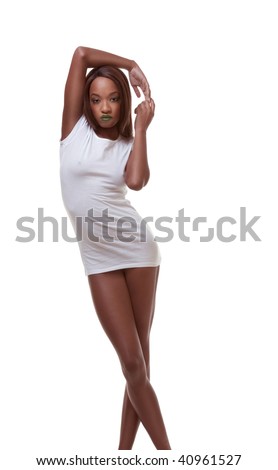Young female beauty ethnic fashion model of African-American ethnicity wearing white t-shirt