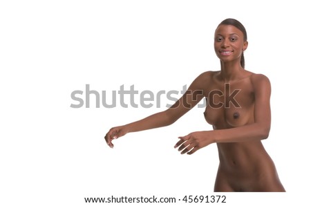  Naked topless young African-American female model with nipple piercing