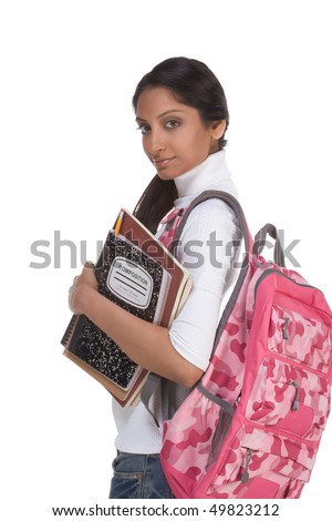 education series - Friendly ethnic Indian female high school student with backpack and composition book