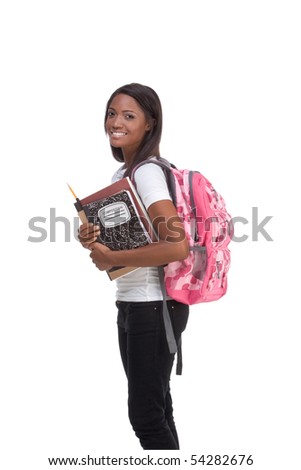 education series - Friendly ethnic black female high school student with backpack and composition book