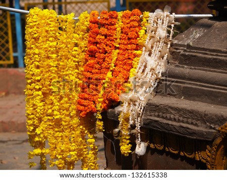 floral arrangement for holy festival and religious offerings in india.