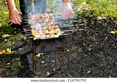 Man prepare meat on fire (shish kebab)