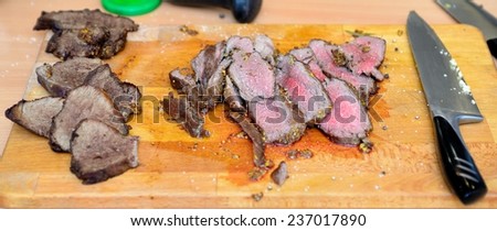 Slices of meat on a chopping board with a kitchen knife