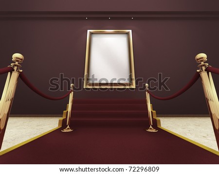 Red carpet leading up to the stairs to a golden picture frame on a wall. (A clipping path for the white content area is included for placing your own content.)