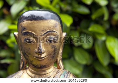 Portrait of a buddha statue with green leaf background