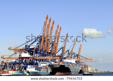 Harbor cranes  and container ship in harbor of rotterdam