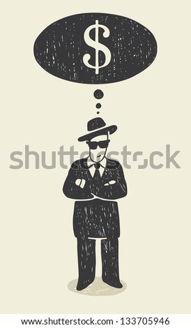 Illustration with a businessman thinking about money.