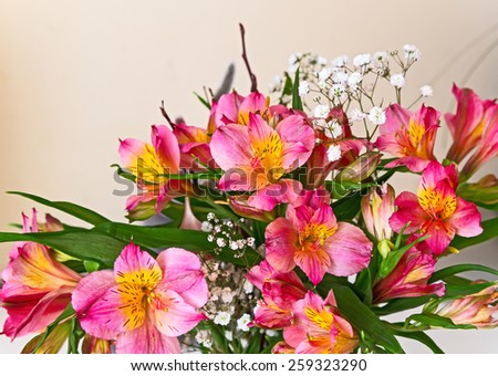 flowers bouquet pink alstroemeria arrange for decoration in home, selective focus