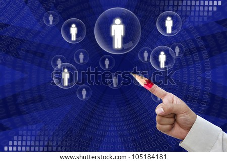 Art work of business Idea with touching virtual screen by red pencil finger  with modern background.