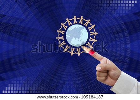 Art work of business Idea with touching virtual screen by red pencil finger  with modern background.