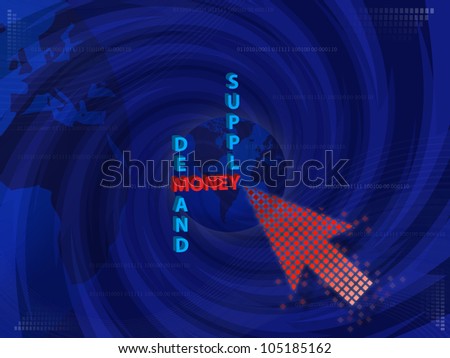 Art work of business Idea with touching virtual screen by red arrow graphic with modern spiral blue background.