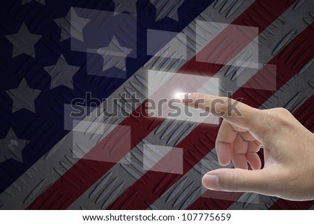 Hand selecting business icon on united state of america nation flag abstract background.