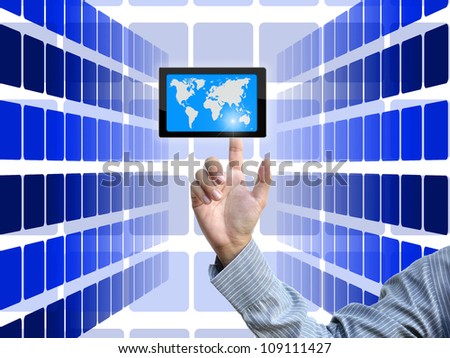 selecting by business hand with business ideas on blue perspective abstract background.