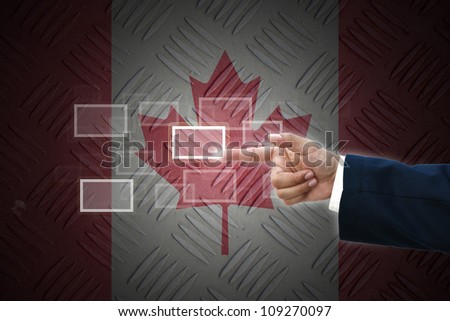 business hand selecting business icon on old Canada flag background.