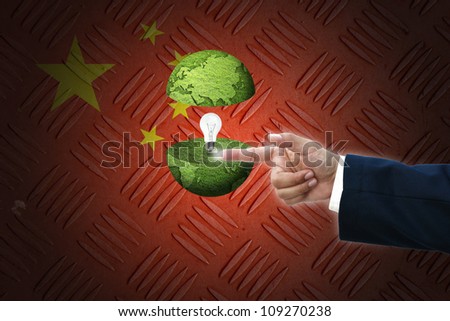 business hand selecting business icon on old China flag background.