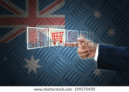 business hand selecting business icon on old Australia flag background.