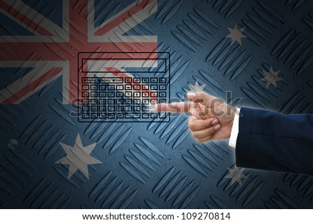 business hand selecting business icon on old Australia flag background.