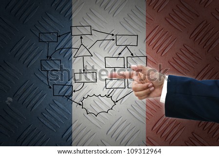 business hand selecting business icon on old France flag background.