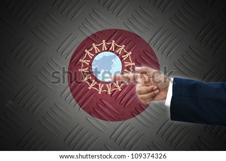 business hand selecting business icon on old Japan  flag background.