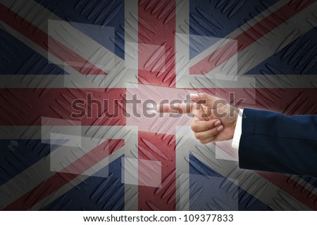 business hand selecting business icon on old United kingdom  flag background.