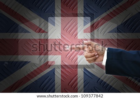 business hand selecting business icon on old United kingdom  flag background.