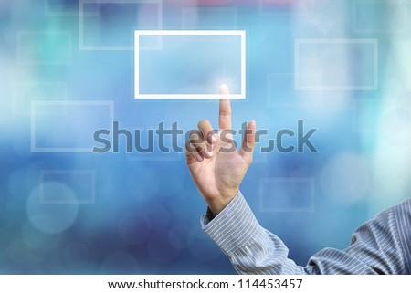 business hand selecting business icon on blue abstract background.