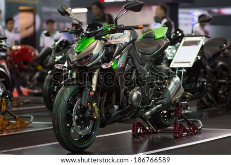 BANGKOK - MARCH 28 : Kawasaki motor bike on display at Bangkok International Motor Show 2014 on March 28, 2014 in Bangkok, Thailand.